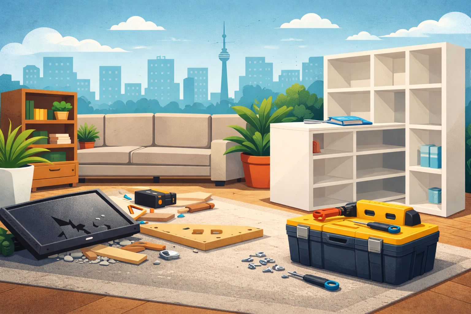 Professional furniture assembly in Toronto compared to DIY setup showing clean installation, proper tools, and organized workspace