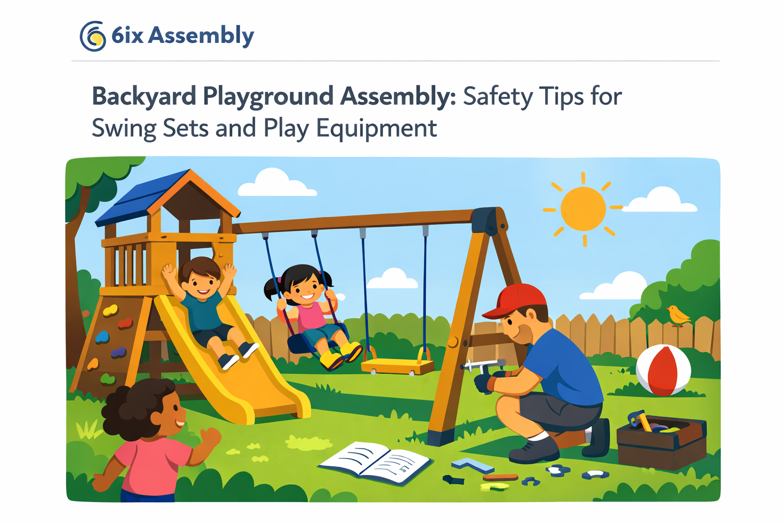 Illustration of a backyard swing set with highlighted fall zone, surfacing, and safety icons for proper installation.
