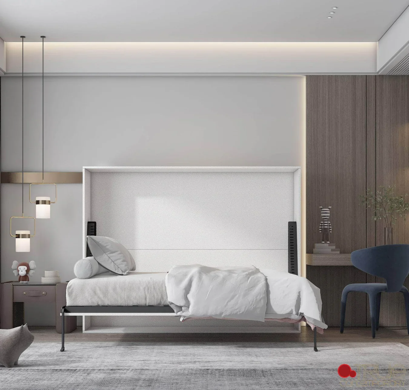 A modern, minimalist bedroom with a single bed, white bedding, a gray pillow with a bolster, a bedside table with a toy and decor, a navy blue chair, a wooden side wall with decorations, and ceiling lighting.