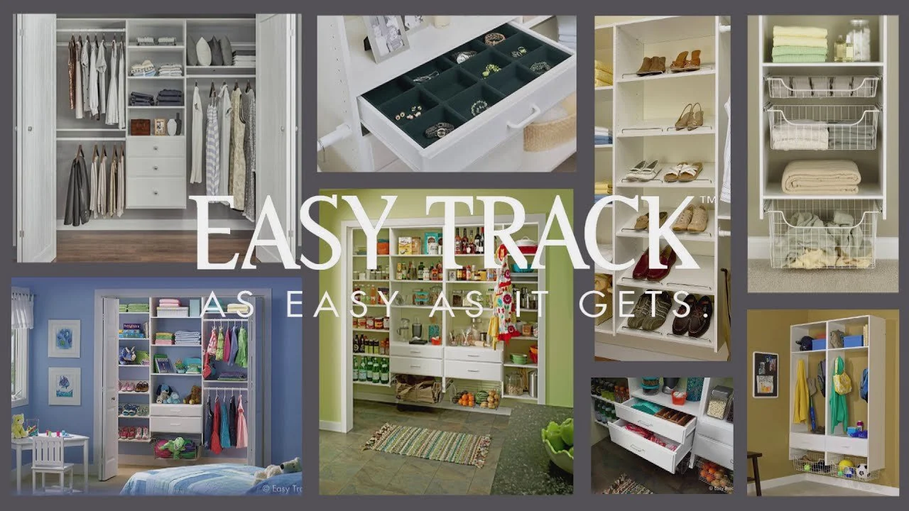 Collage of organized storage spaces for closets, pantry, and shelves with various clothes, accessories, and household items.