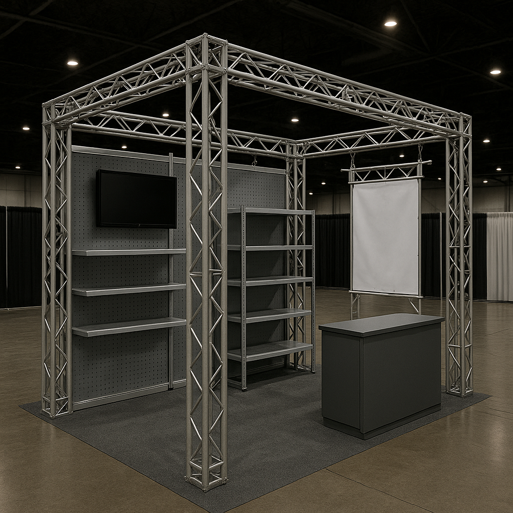 Empty exhibition booth with metal truss framework, black shelving units, a wall-mounted monitor, a table, and a retractable projection screen in a large indoor convention center.