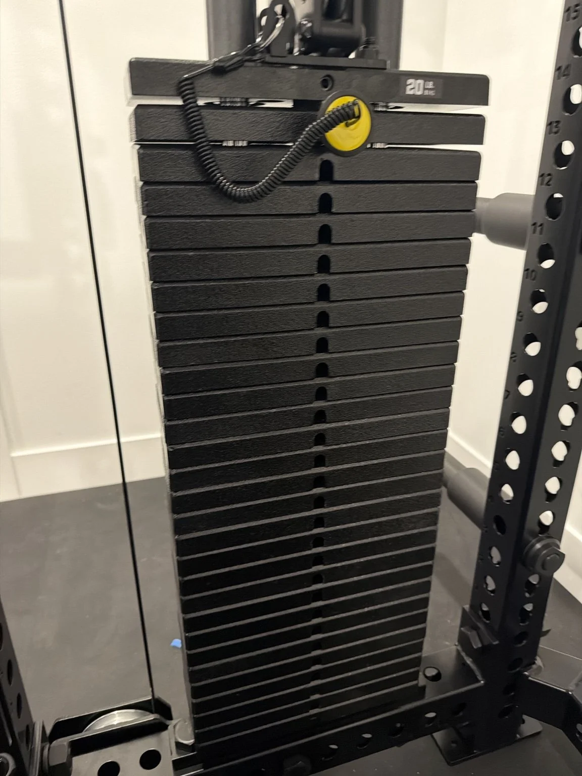 Weight stack, selector pin and guide rods on a Rogue cable machine during a 6IX Assembly project