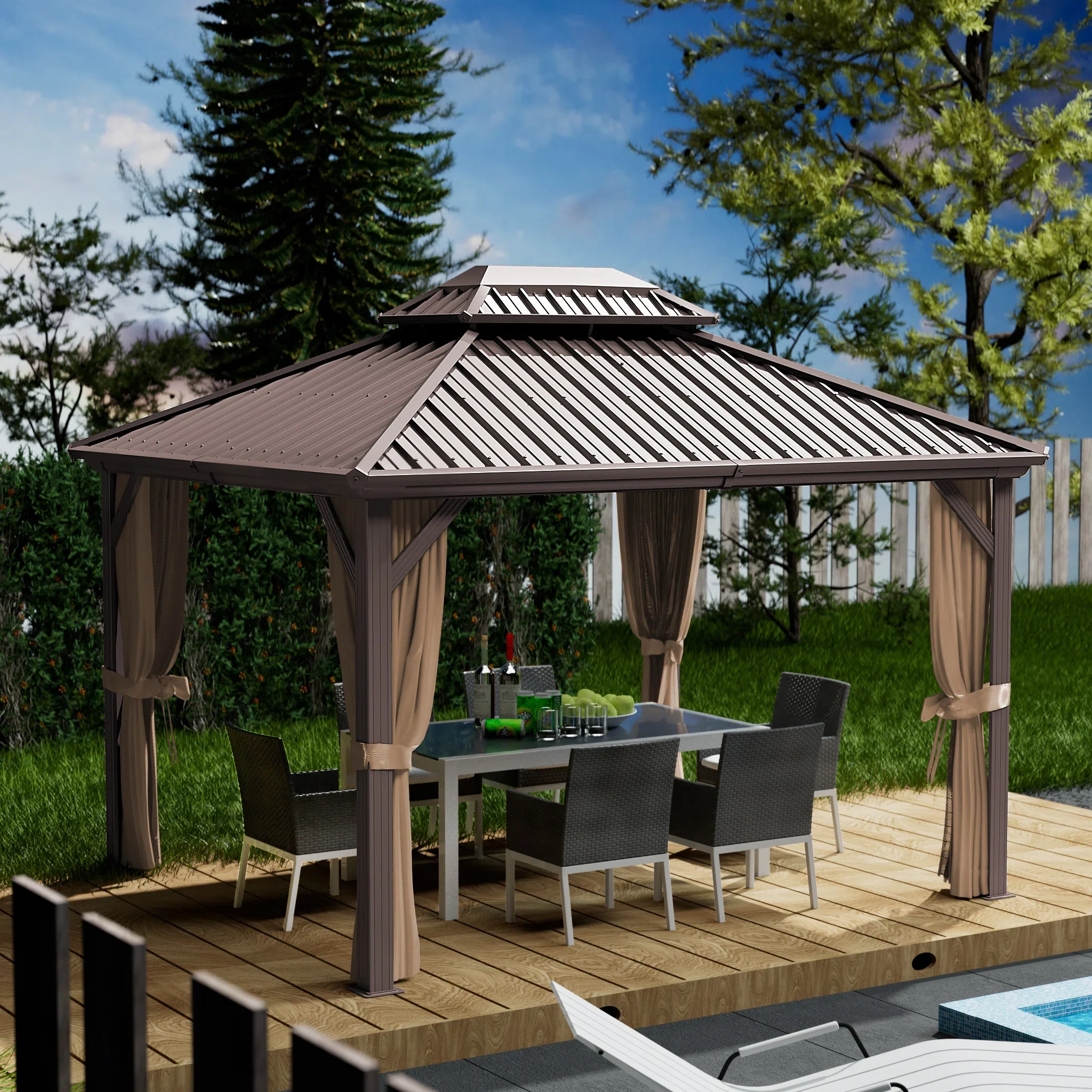 Outdoor patio with a gazebo, a table set for dining, and a swimming pool in the foreground, with trees and a blue sky in the background.