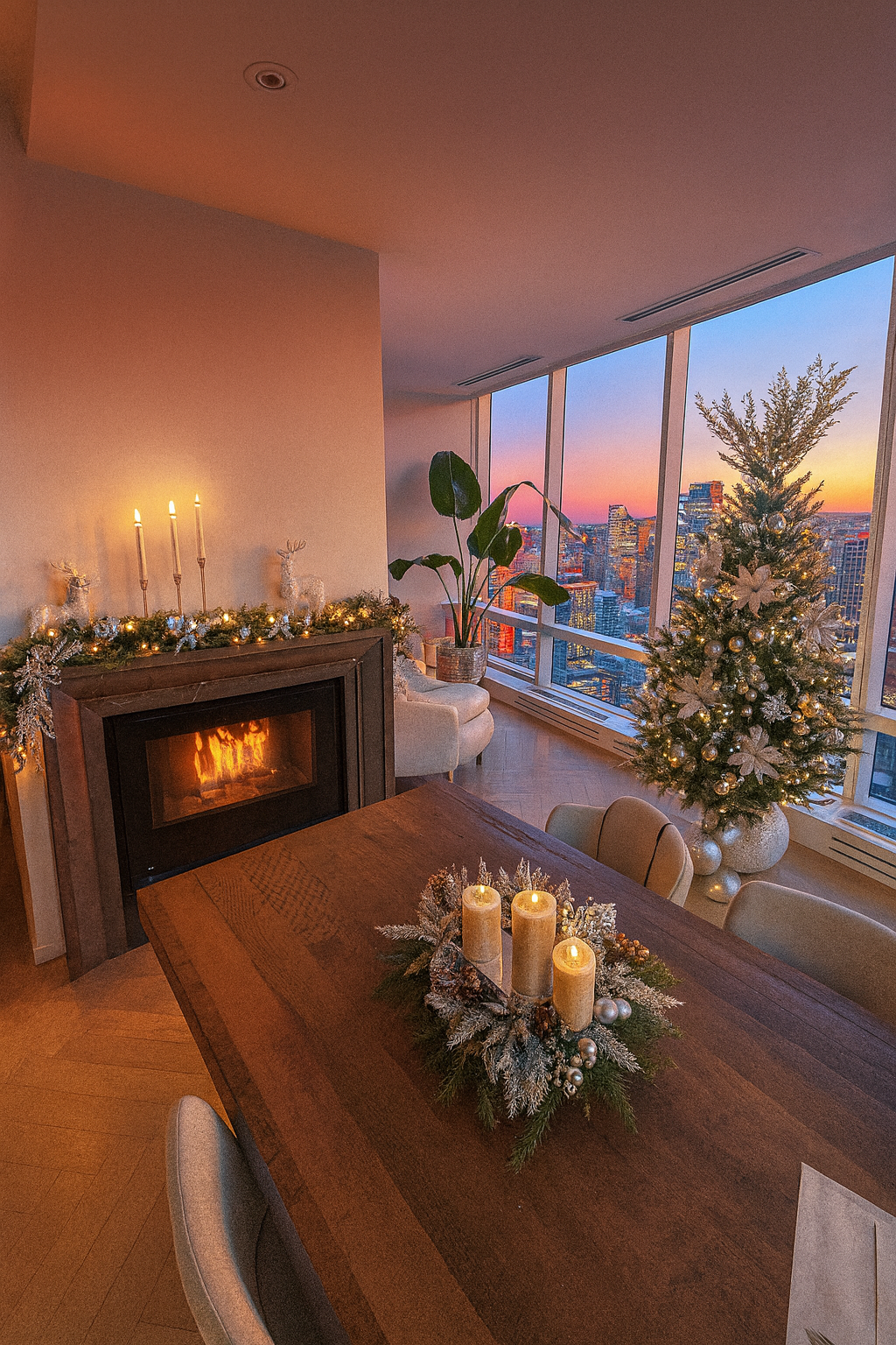 Living room decorated for Christmas with a lit fireplace, candles, Christmas tree, and window view of city skyline at sunset.