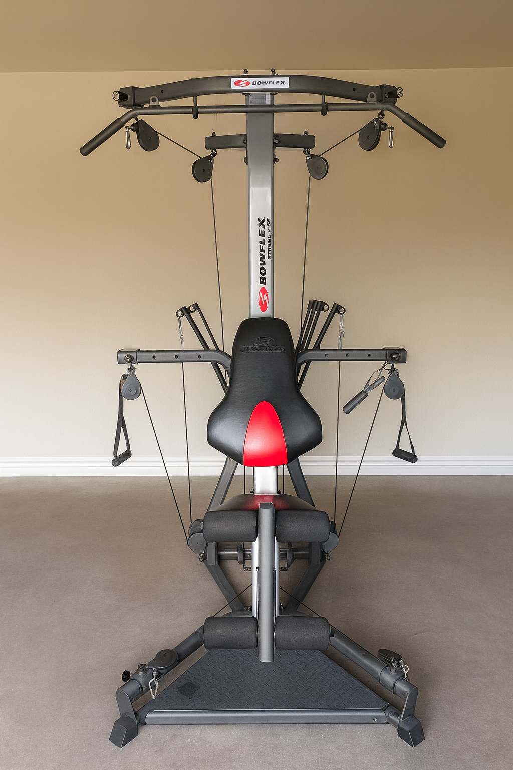 Front view of a Bowflex home gym machine in a room with beige walls and carpeted floor.