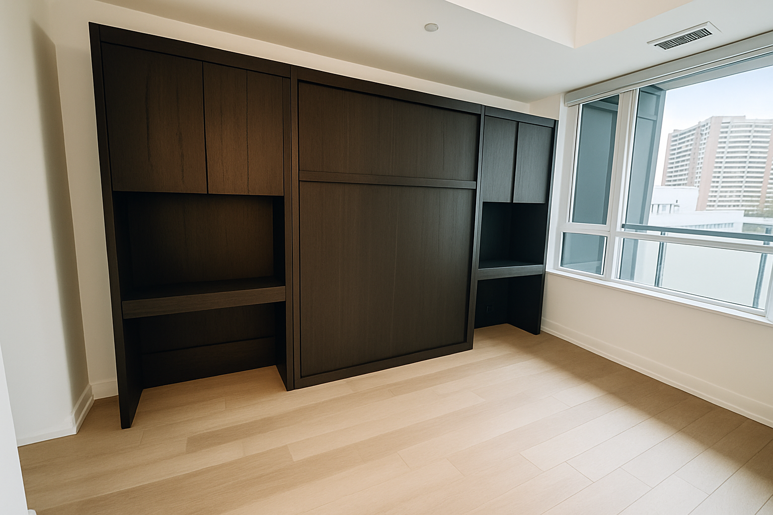 Empty room with a built-in dark wood entertainment center near a large window showing a cityscape.