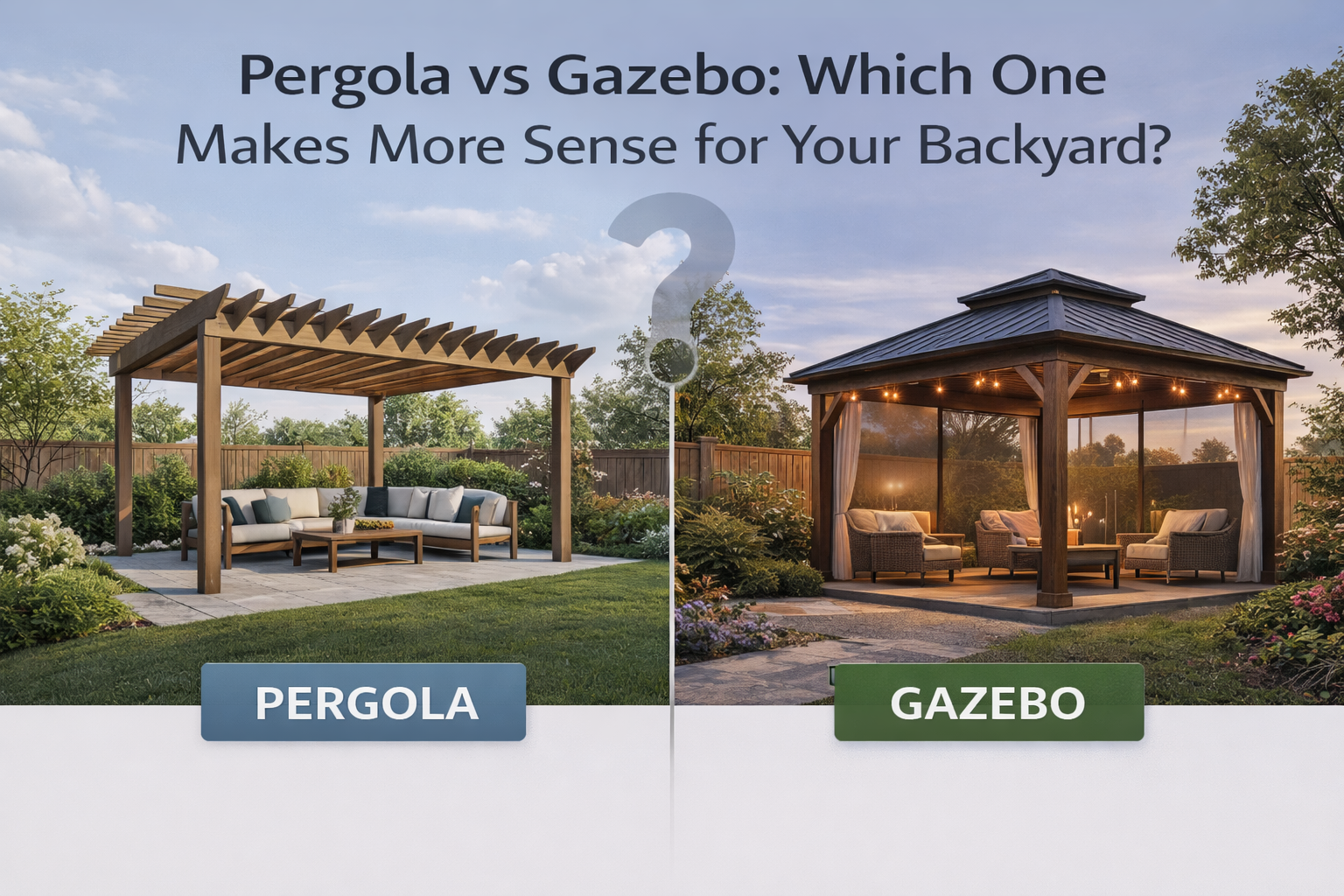 Side-by-side backyard comparison showing a pergola and gazebo to illustrate differences in structure, coverage, and outdoor living use