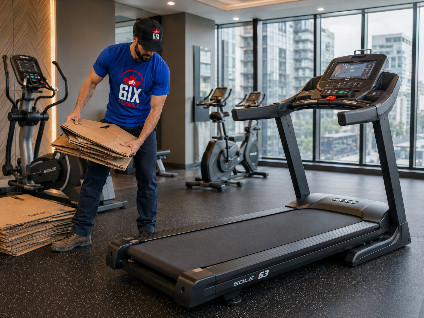 6IX Assembly technician cleaning up cardboard packaging after treadmill assembly in a condo gym.