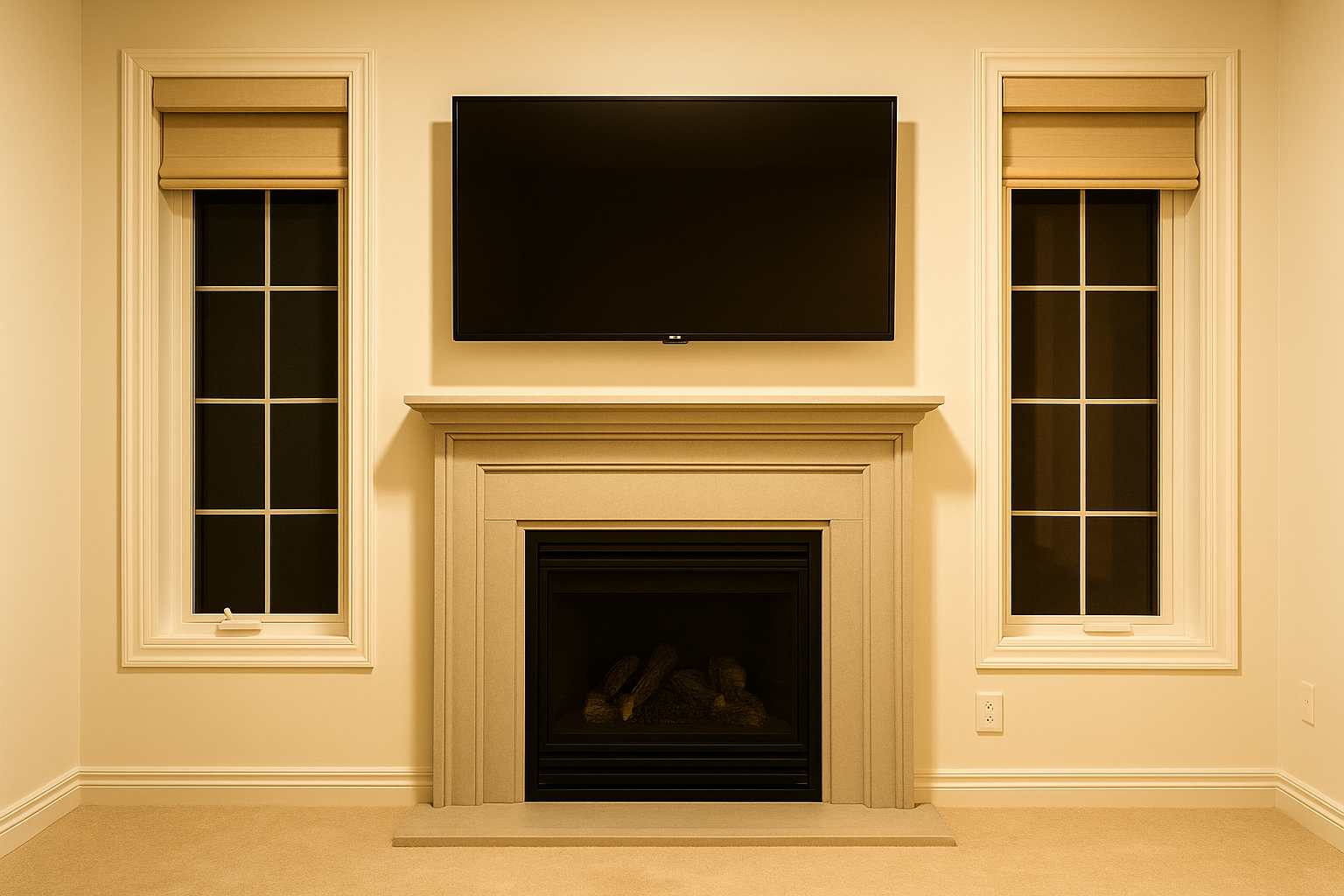Living room with beige walls, a fireplace, a mounted flat-screen TV above the fireplace, and two tall windows with beige blinds on either side.