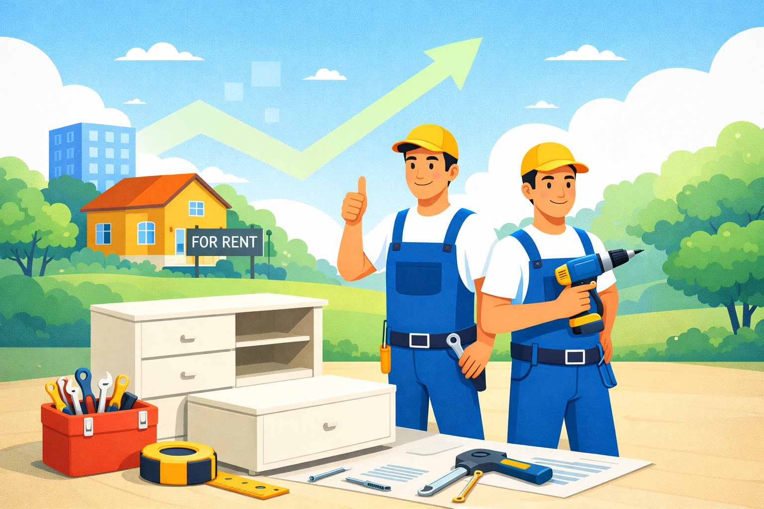 Minimalist colorful illustration of professionals assembling furniture in a rental property setting
