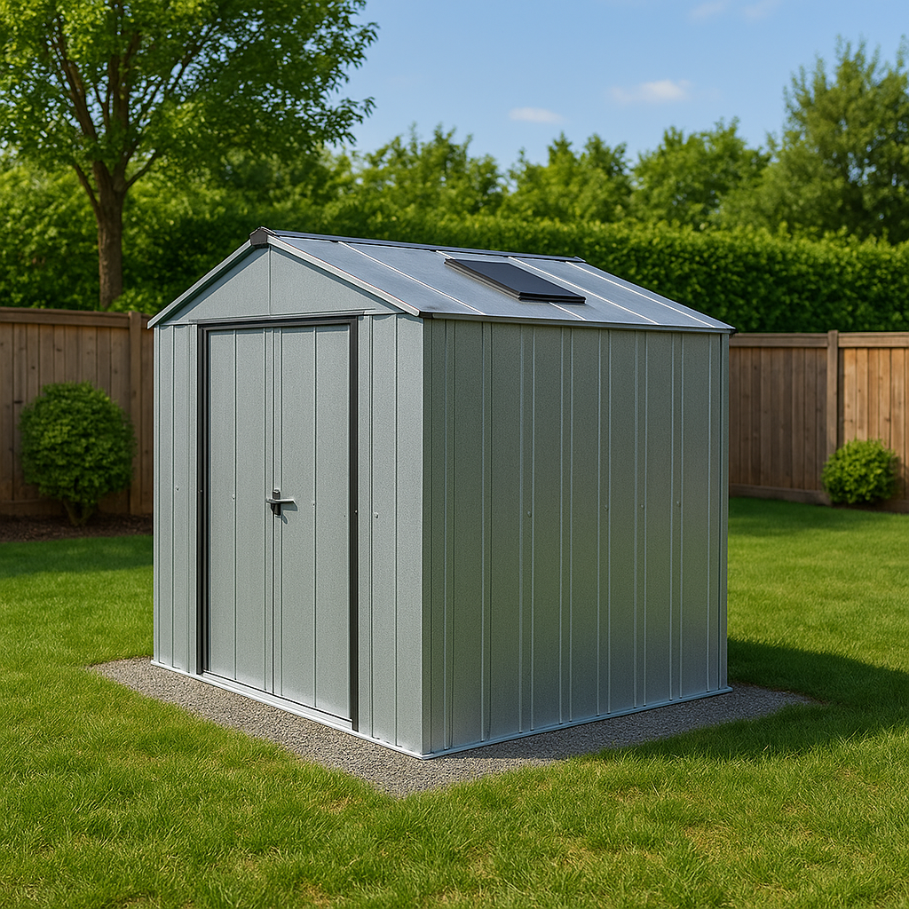A small metal shed with a sloped roof, located on a grassy backyard with a wooden fence and trees in the background.