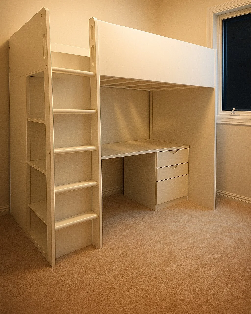 White loft bed with built-in desk and drawers, set up in a beige room with a window.