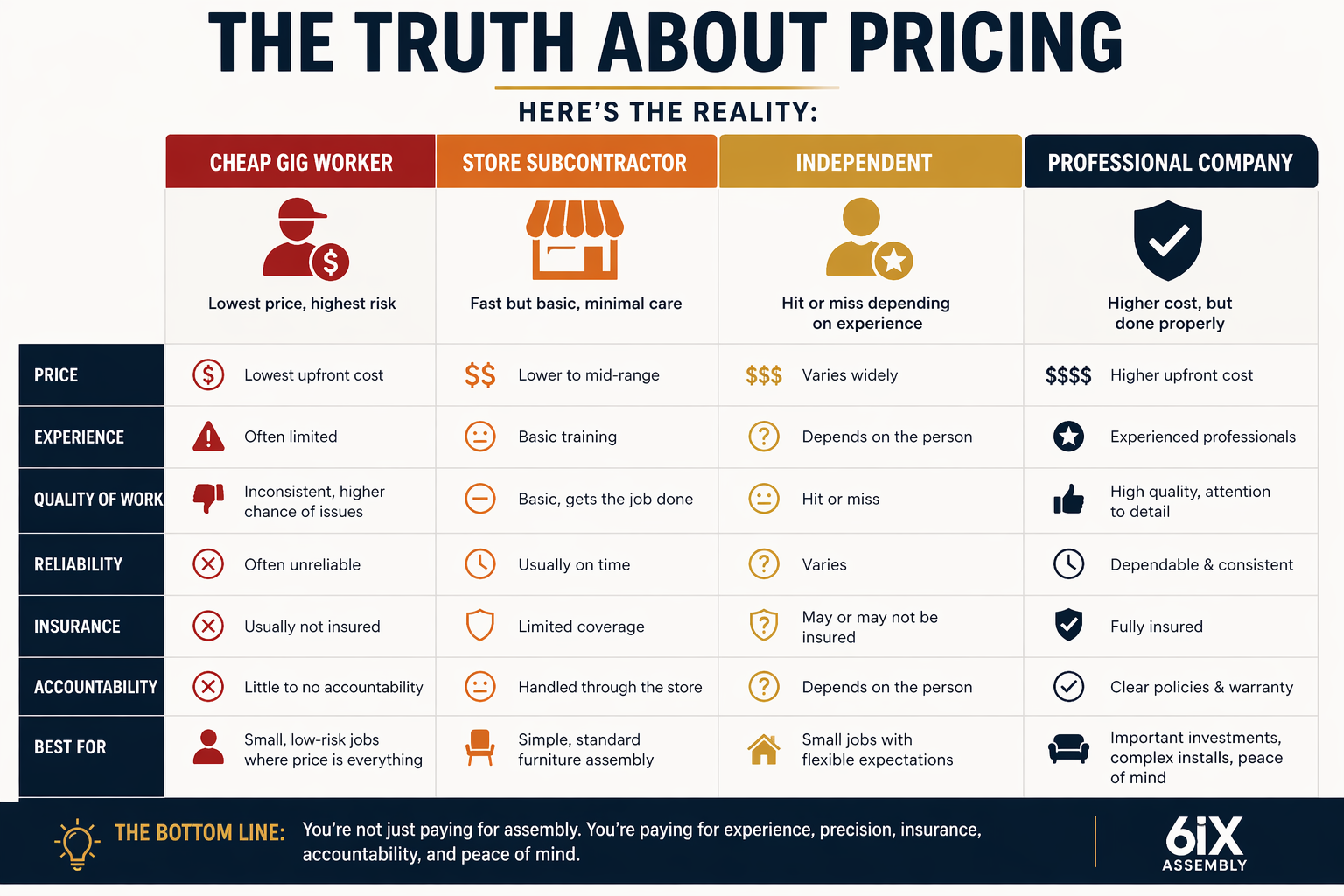 Comparison chart showing furniture assembly service types including cheap gig workers, store subcontractors, independent assemblers, and professional companies with differences in price, quality, risk, and reliability