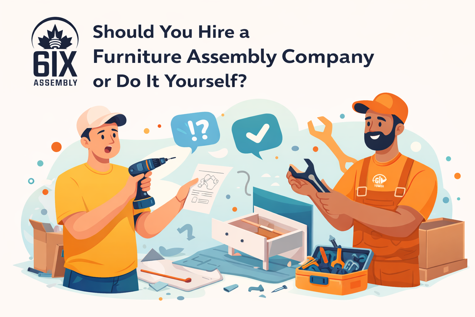Minimalist illustration of a furniture assembly scene showing a technician using a cordless drill to assemble a dresser in a clean, modern home with tools neatly organized.