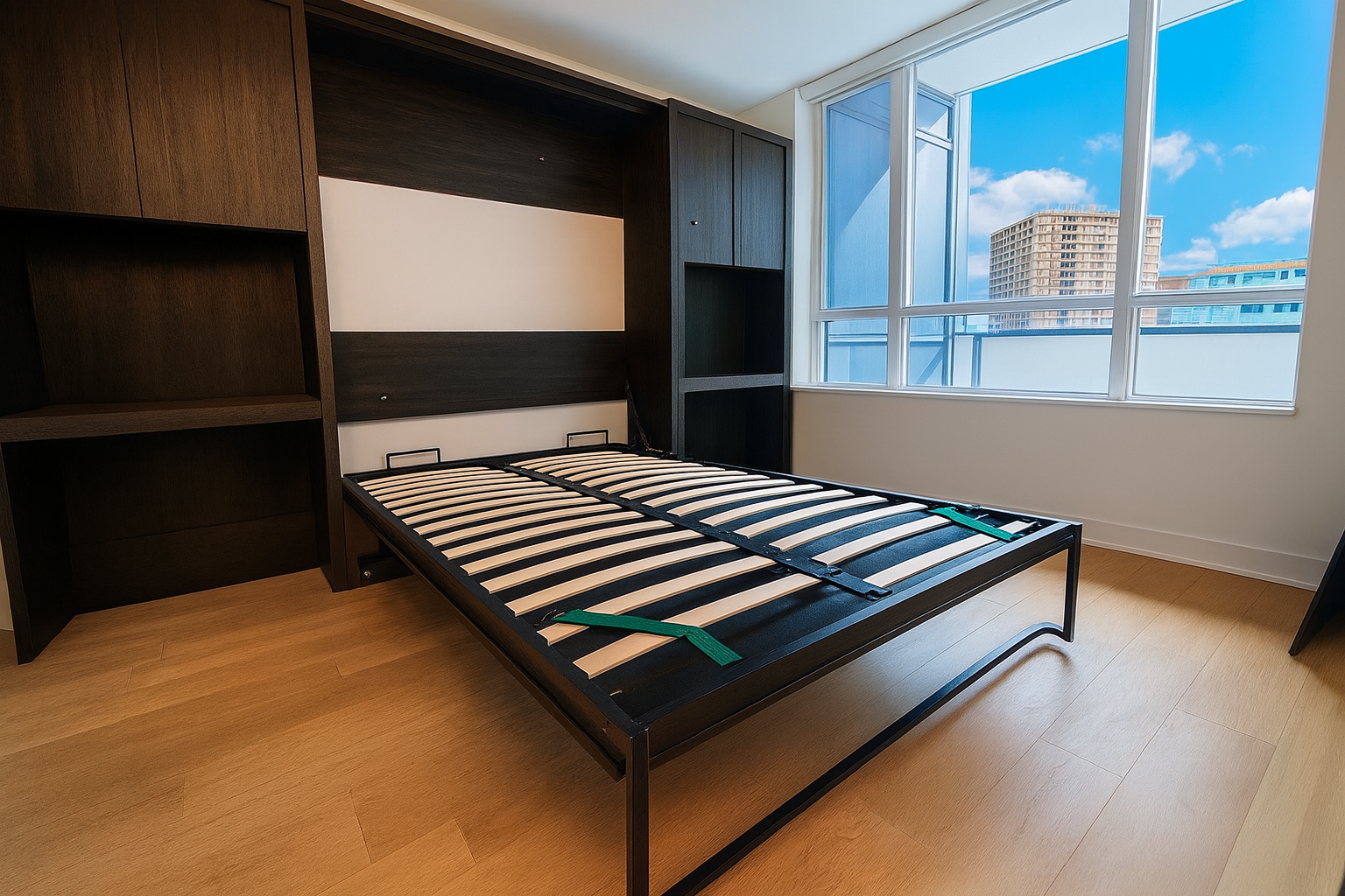 An empty bedroom with a black metal bed frame, a built-in wooden wardrobe, and large windows showing a cityscape with a blue sky and clouds.