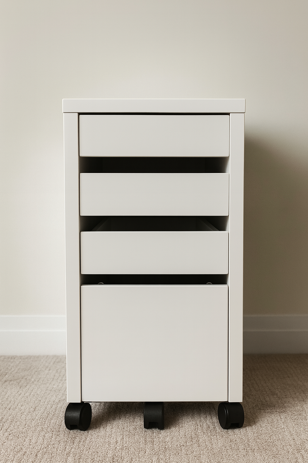 White rolling filing cabinet with five drawers, placed on a beige carpet with a plain wall background.