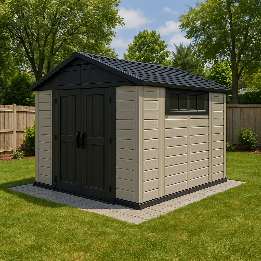 A beige outdoor storage shed with black doors, a black roof, and a small window, located on a grassy lawn with a paved base, surrounded by a wooden fence and trees.