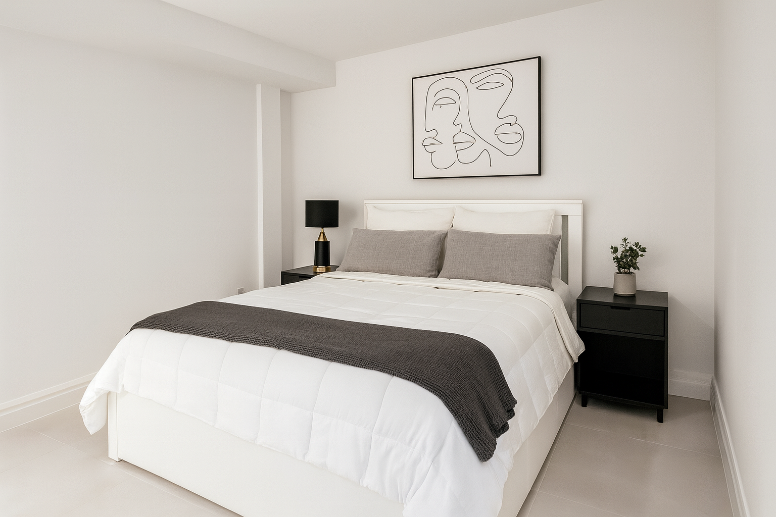 Minimalist bedroom with white bed, gray pillows, black nightstands, black table lamp, potted plant, and abstract art on the wall.
