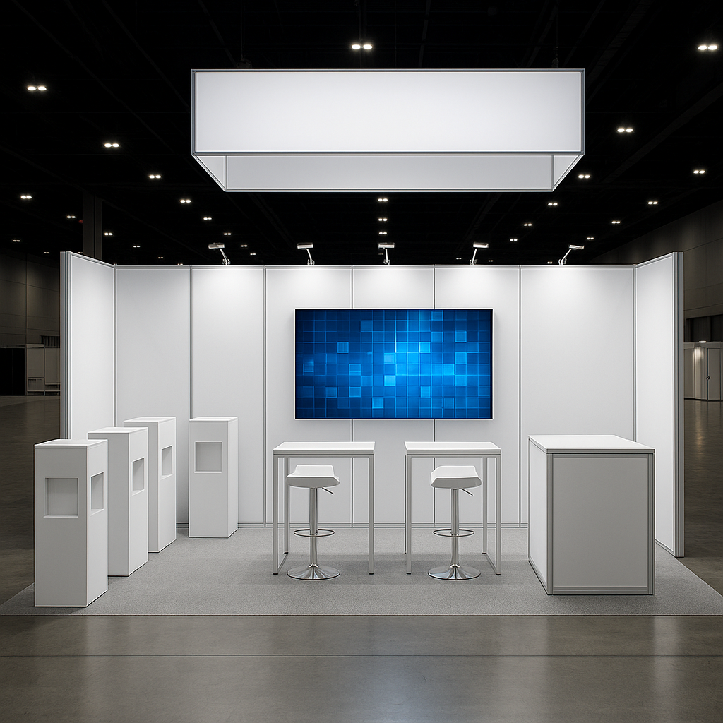 Trade Show BoothAssembly & Installation. A minimalist exhibition booth with white walls, a large blue digital display, white tables and stools, and decorative white pedestals in a spacious indoor convention center.