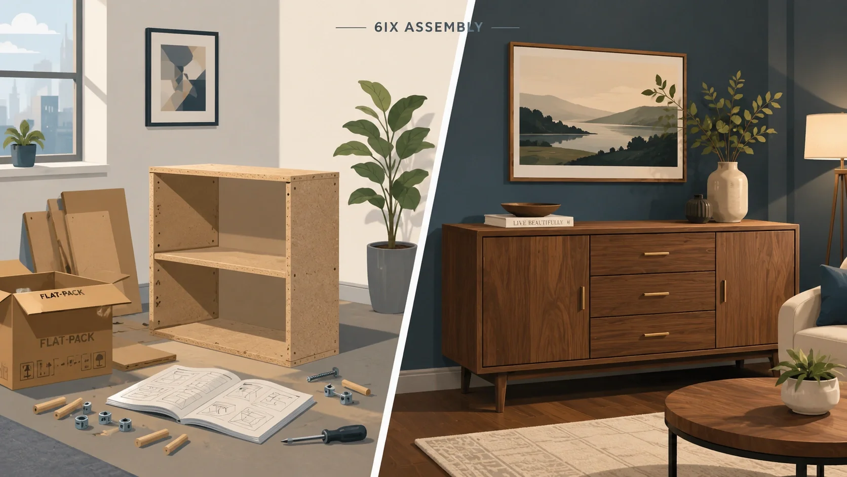 Side by side comparison of cheap flat pack furniture assembly and high end furniture quality in Toronto