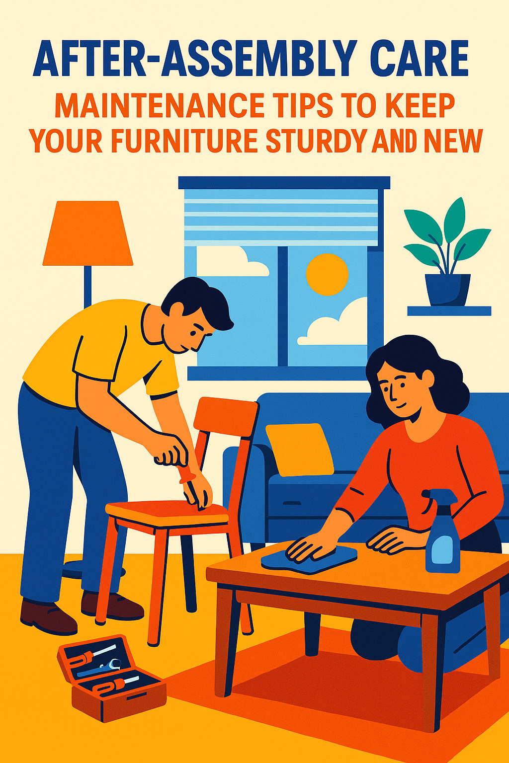 Person tightening chair screws and cleaning furniture after assembly for long term durability