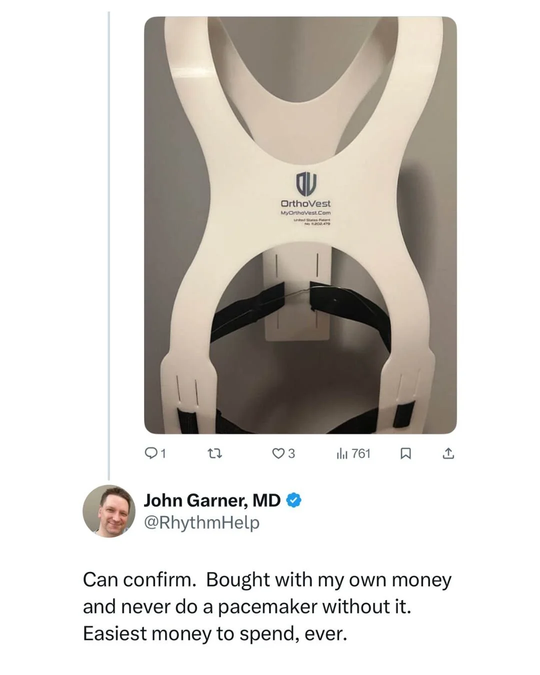 Post on X by physician stating that he never does a pacemaker procedure without OrthoVest