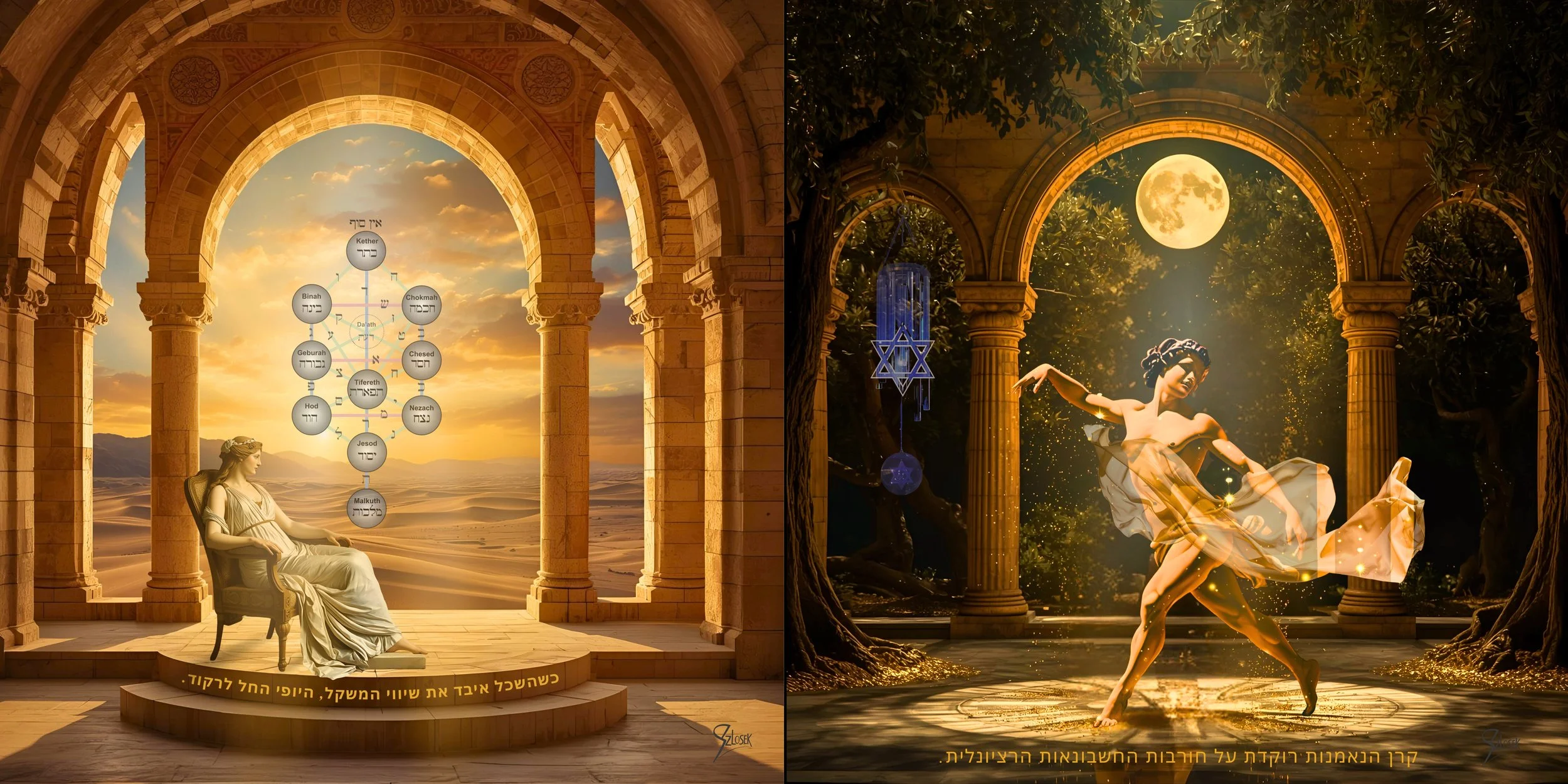 Lingua Lux Series I — Hebrew — Diptych (Venus & Faun), 2025 by Sonja Szlosek — Collector Print Edition  — Fine Art Giclée Print — Two works — 40 × 40 cm each (Displayed together as a diptych)