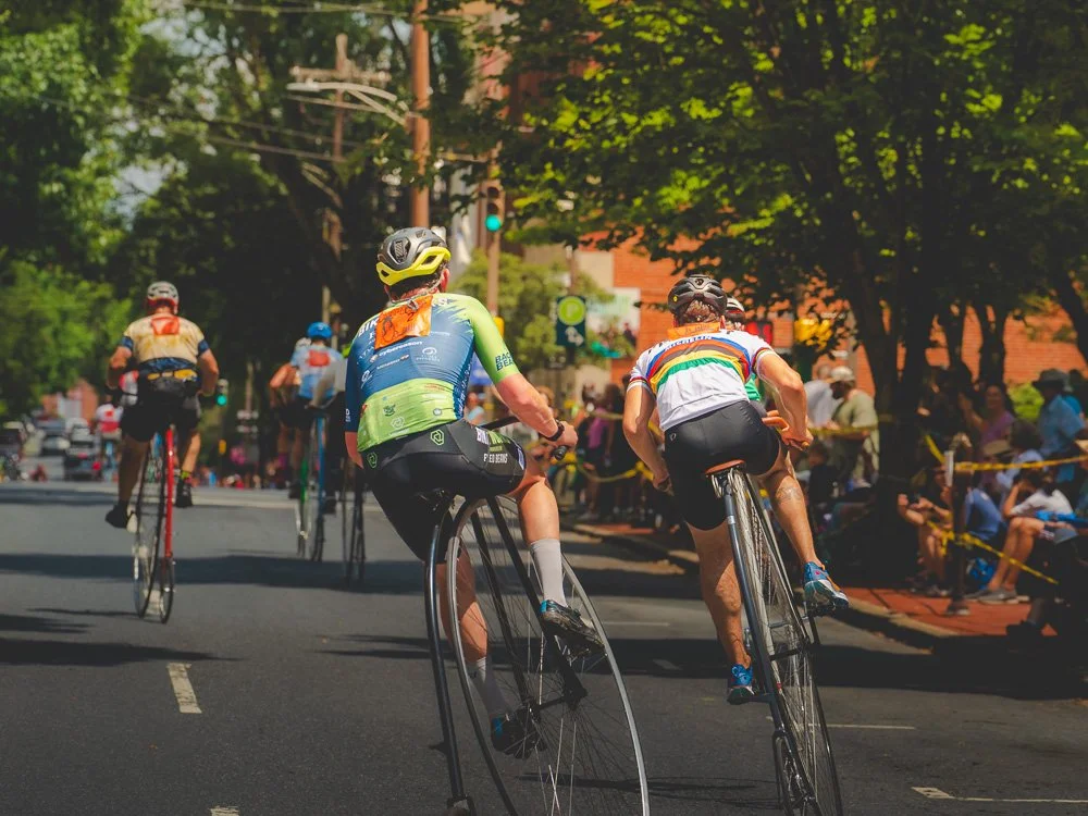 Cyclists participating in a race on a city street lined with spectators and trees.