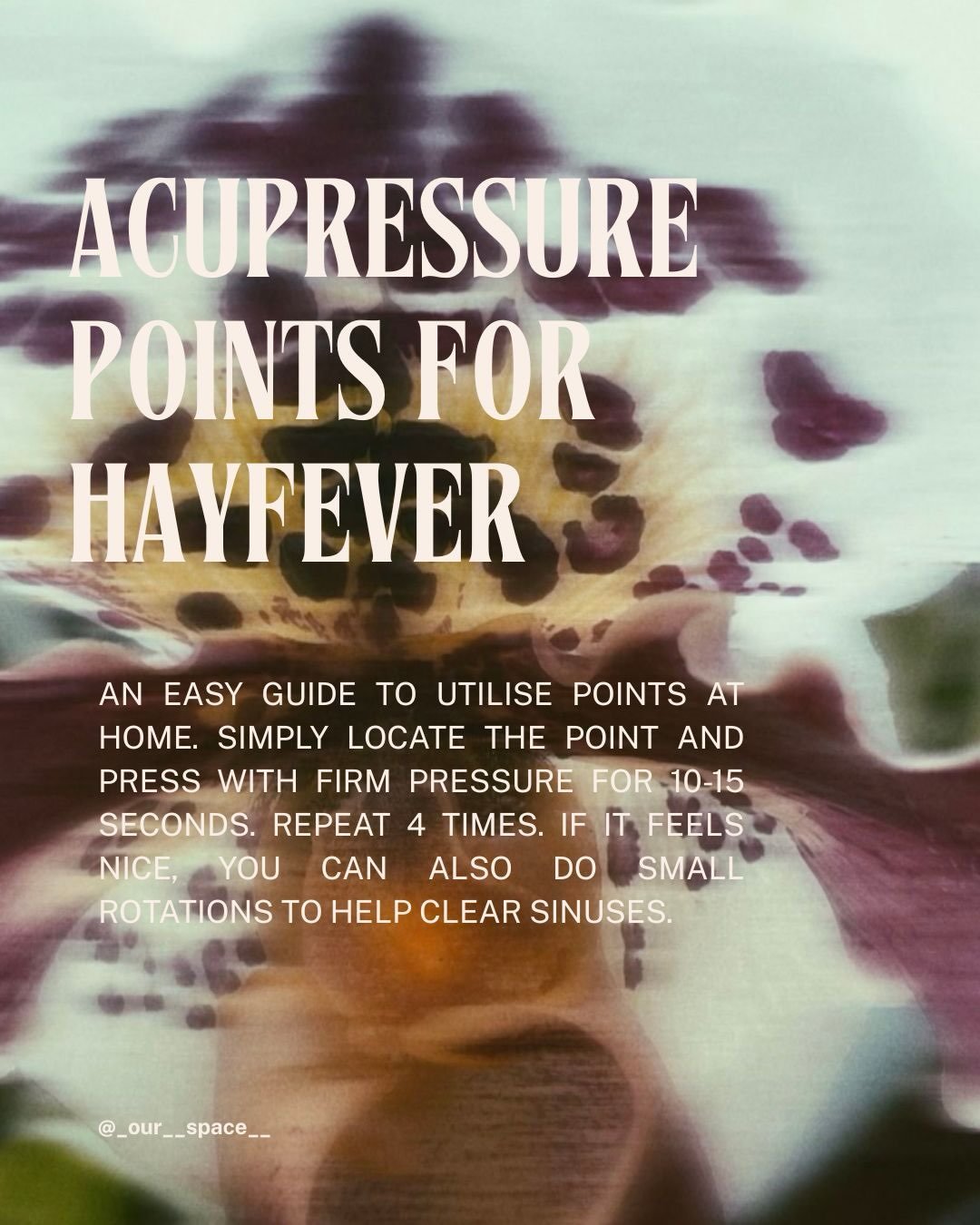 Hayfever already getting you down? Here are some key acupuncture points you can use at home to help clear your symptoms. 

P.S feel free to use your gua sha to apply the pressure (it&rsquo;s a lot easier on the fingers) 💌

Image sourced from Pintere
