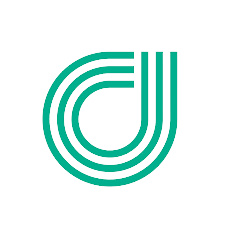 Stylized teal logo with a geometric, rounded, and curved design.