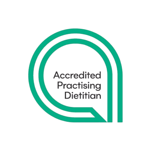 Logo of an accreditation body with the text 'Accredited Practising Dietitian' inside a teal speech bubble design.