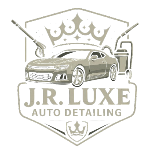 Logo for J.R. Luxe Auto Detailing featuring a silver sports car, washing tools, and a crown in black and white.