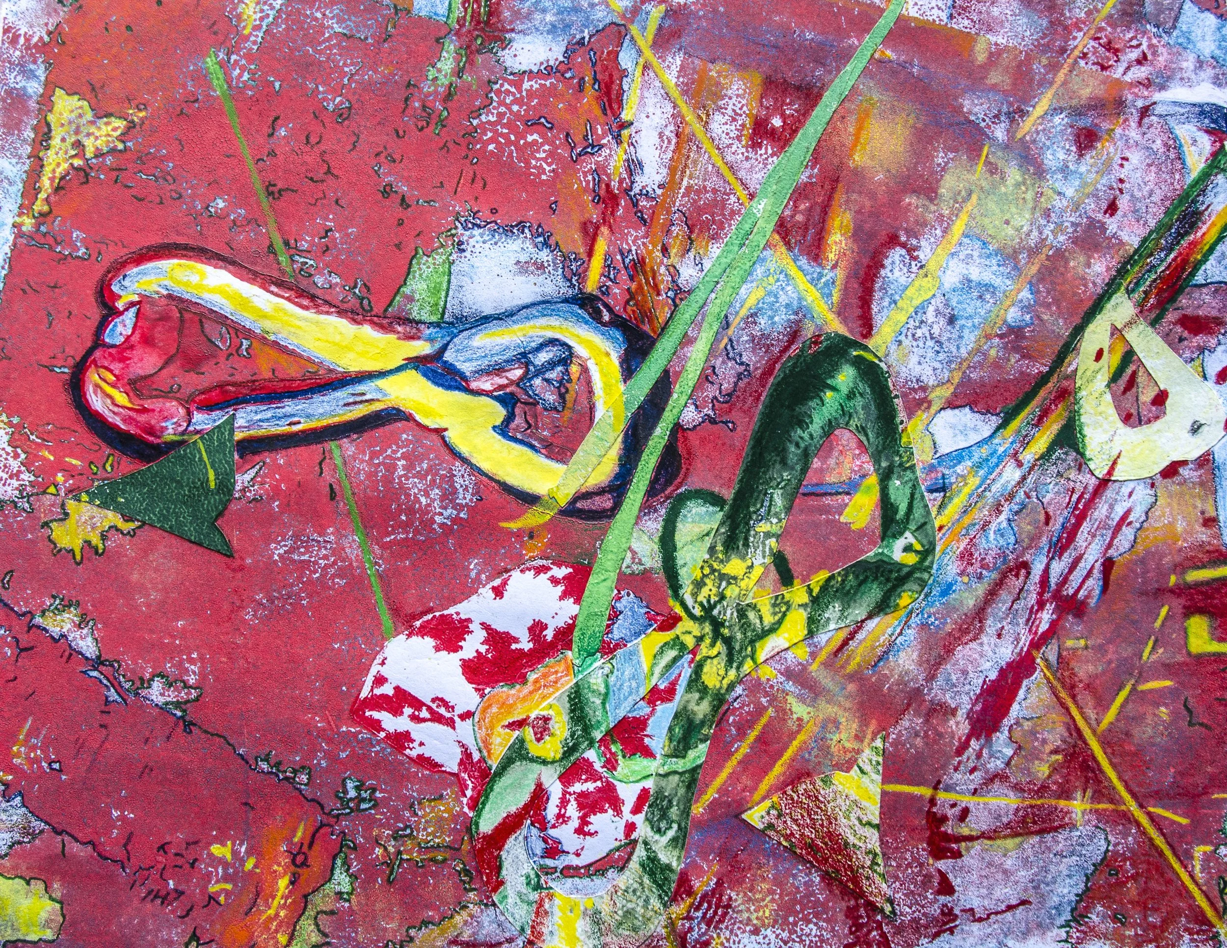 Red with green and yellow accents and collage, made with monoprint