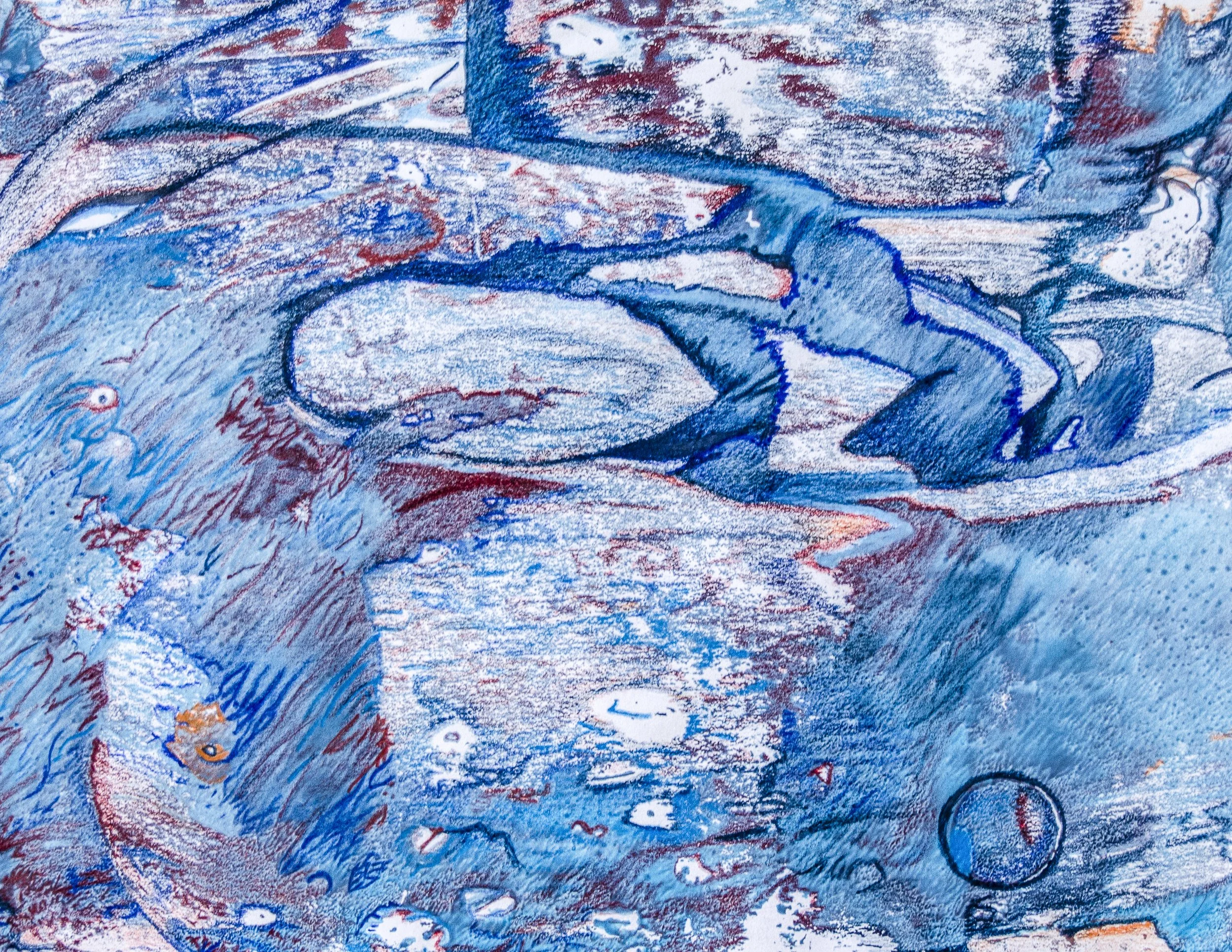 Blue and highlights of red printmaking mono print