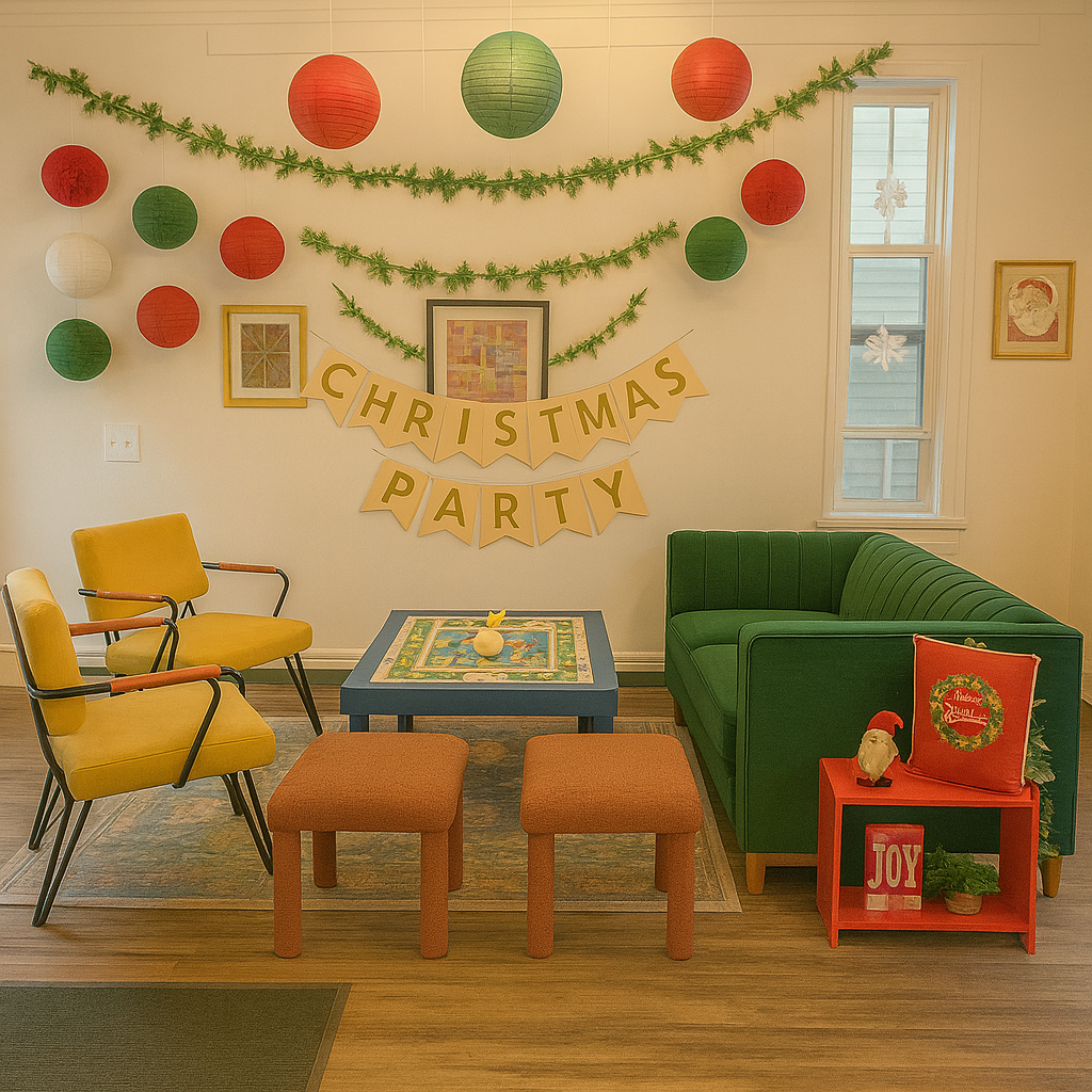 A Christmas party room with red, white, and green paper lanterns, green garland, and a "Christmas Party" banner on the wall. There are two yellow chairs, a green sofa, a small blue table with a candle, and a red side table with Christmas decorations,