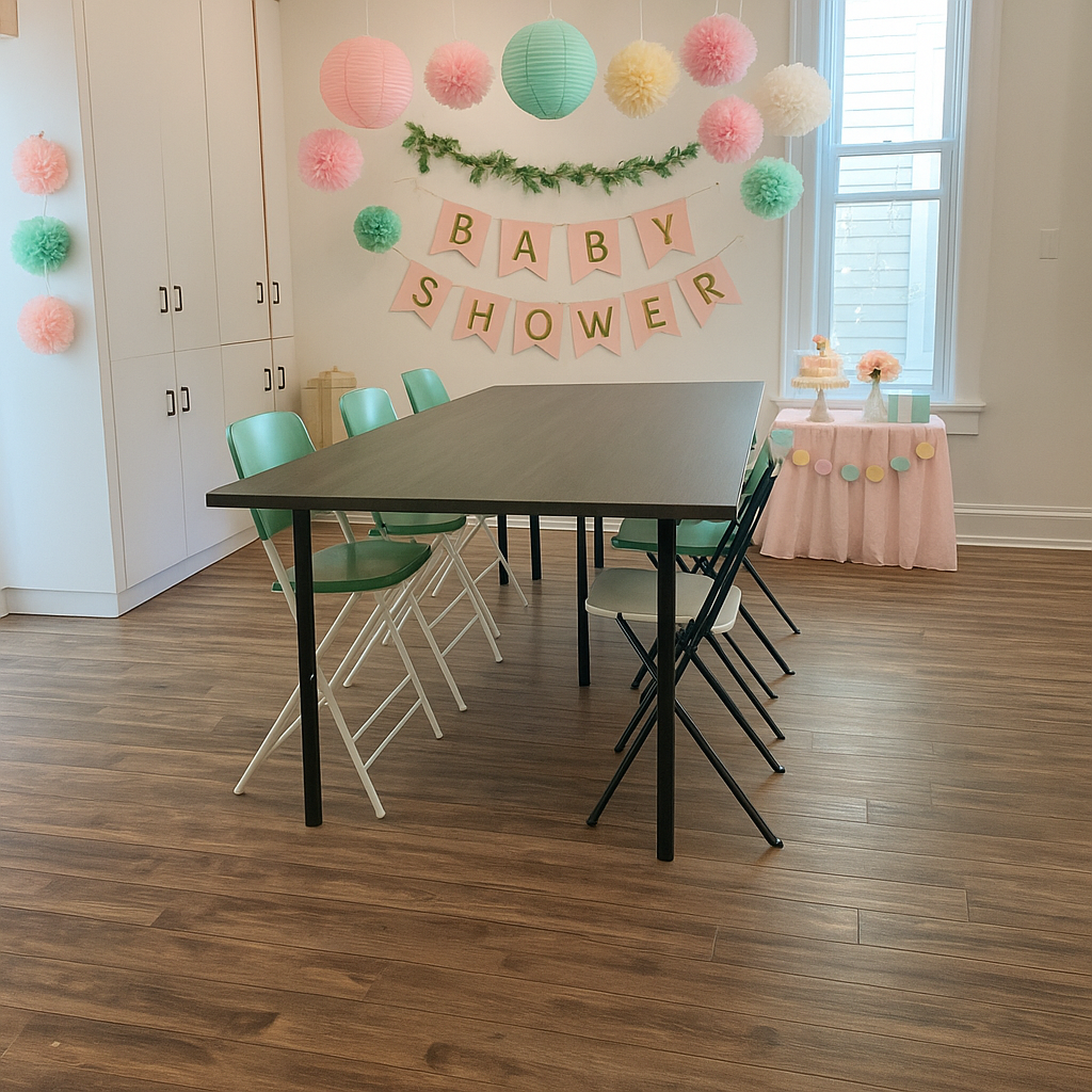 Decorated room set up for a baby shower with pastel-colored paper lanterns and pom-poms hanging from the ceiling, a pink banner with gold letters reading 'Baby Shower' on the wall, a table with a pink tablecloth and cupcakes, and a window letting in 