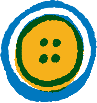 Close-up of a yellow button with four holes, surrounded by a green and blue border.
