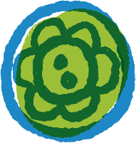 A colorful, abstract drawing of a bear's face surrounded by a flower-like design.