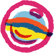 Colorful abstract circle with irregular multicolored stripes inside a pink outline