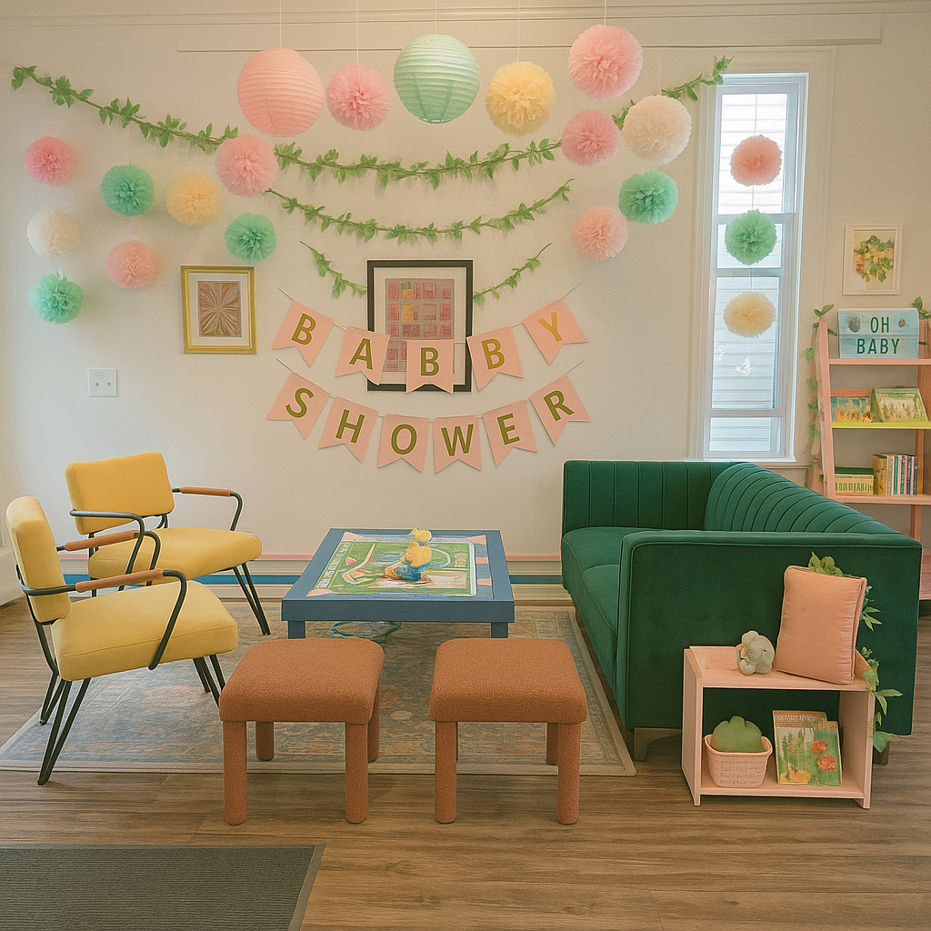 Decorated room for a baby shower with pastel-colored paper lanterns and pom-poms hanging from the ceiling, a 'Baby Shower' banner on the wall, and a cozy seating area with chairs, a green sofa, a small pink bookshelf, and a table with a stuffed anima
