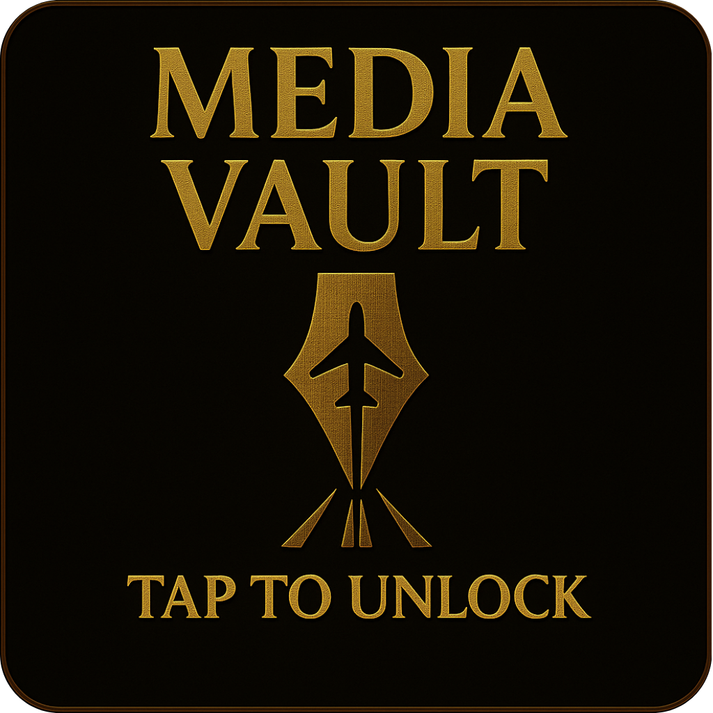 Image with gold text on a black background reading 'Media Vault' and 'Tap to Unlock,' featuring an emblem of a missile or rocket.