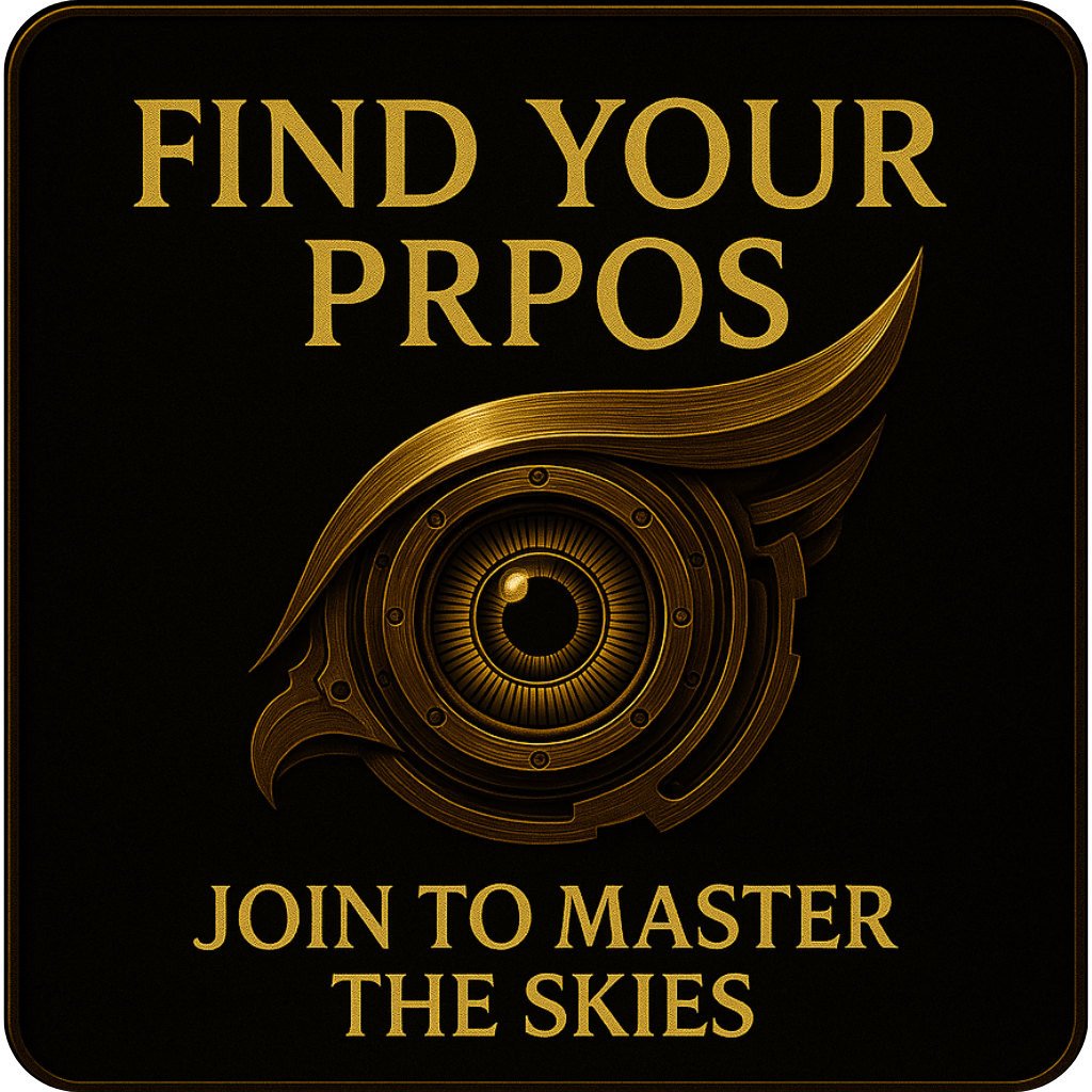 A promotional poster with gold and black design encouraging viewers to 'Find Your Props' and 'Join to Master the Skies', featuring an eye with a mechanical, steampunk aesthetic.