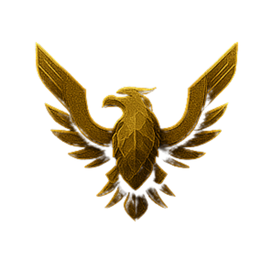 Golden eagle emblem with outspread wings against black background.