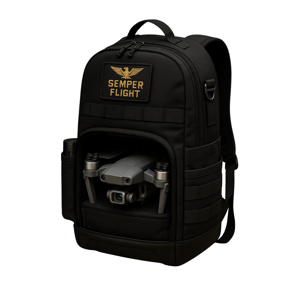 Black backpack with a patch reading "SEMPR FLIGHT" and an eagle logo, with a drone inside the front pocket