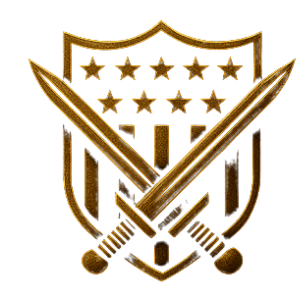 Gold emblem featuring two crossed swords and a shield with five stars above the swords.