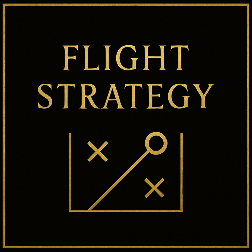 Black background with gold border and gold text that reads 'Flight Strategy' along with a simple diagram of a strategic plan showing a line connecting two circles and marked with Xs, resembling a tactical chart.