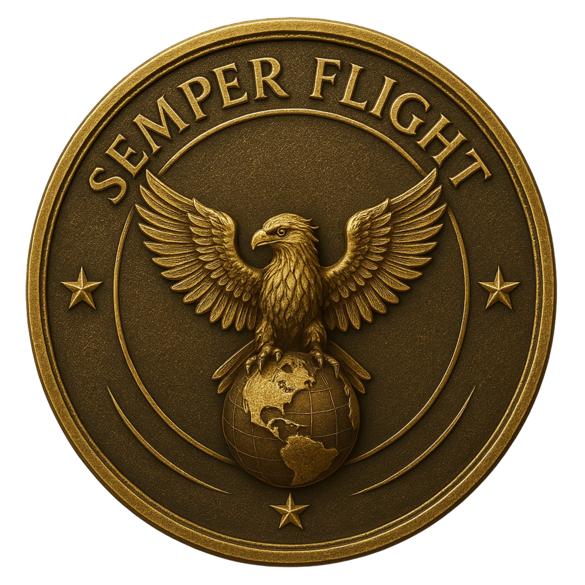 Gold medal with an eagle perched on a globe, inscribed with 'SEMPER FIGHT'.