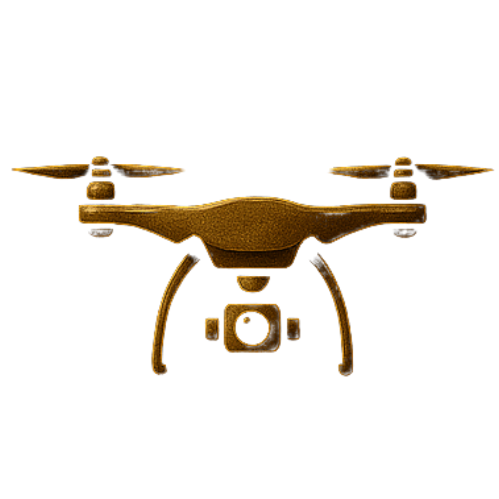 A digital rendering of a drone with four propellers and a camera underneath, in a gold color.
