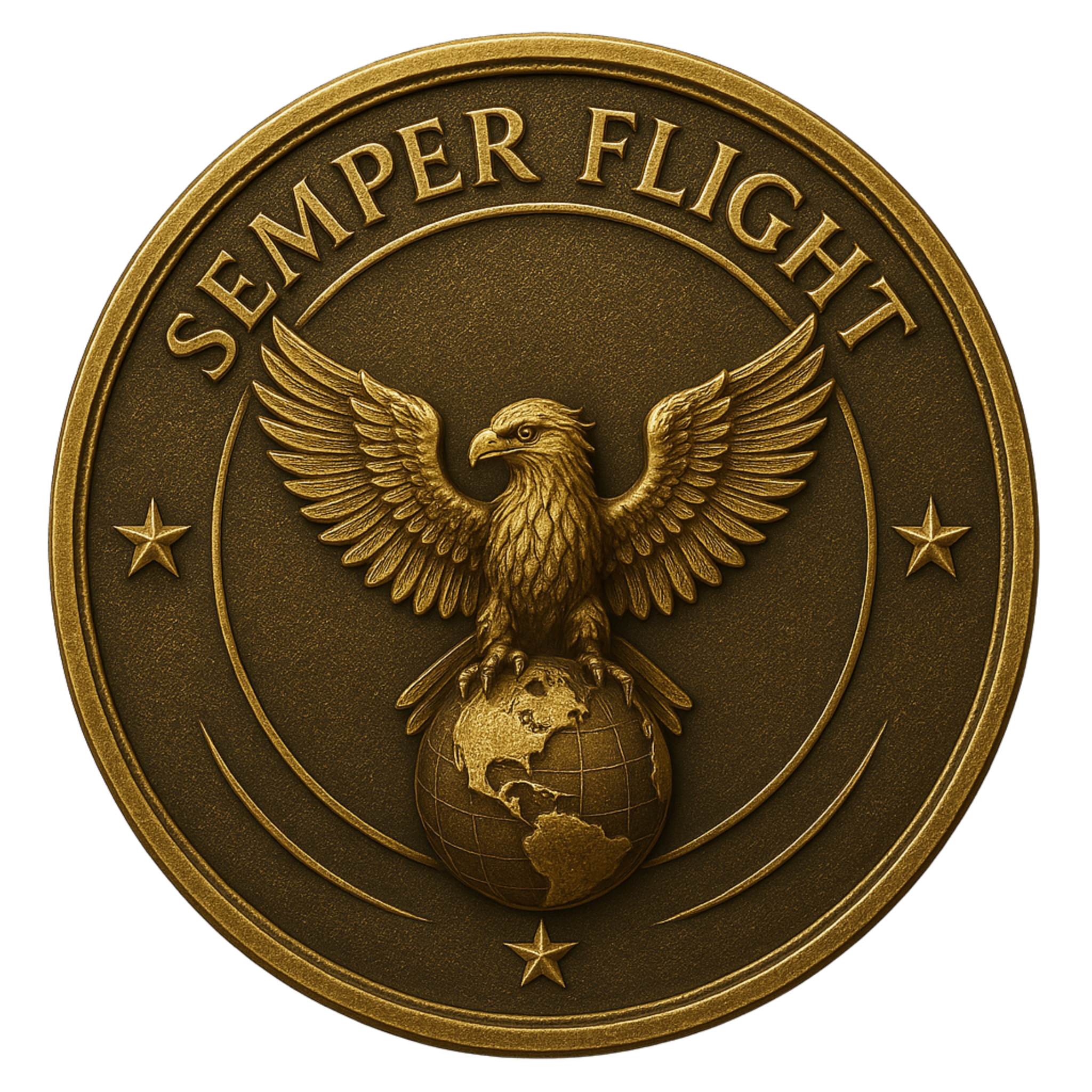 A gold-colored emblem with an eagle perched on a globe, with the words 'SEMPER FIGHT' above and stars surrounding it.