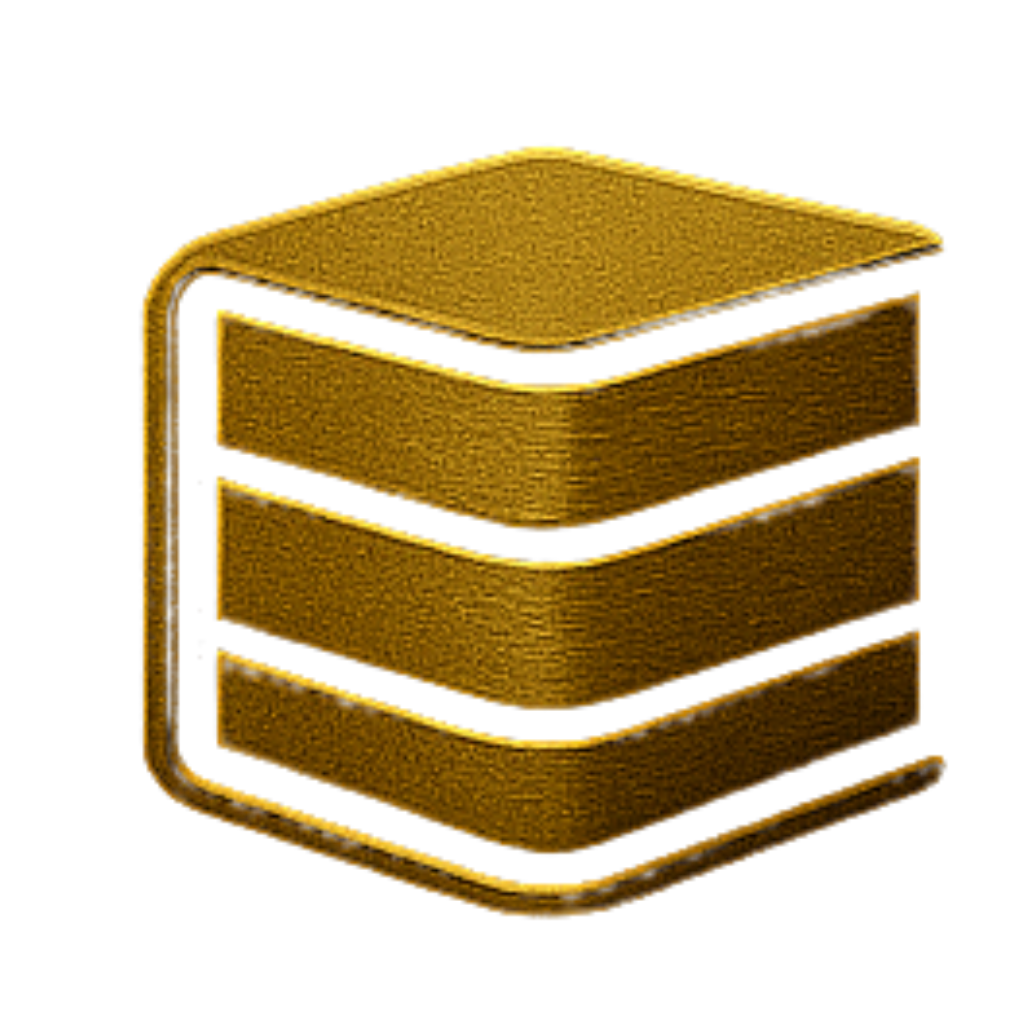 Golden 3D icon of a cube with layered horizontal sections.